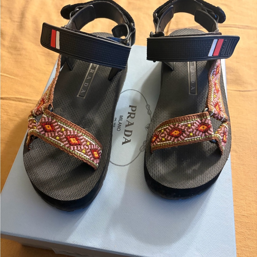 Authentic Prada Women's Black Sandals with Colorful Embroidery
